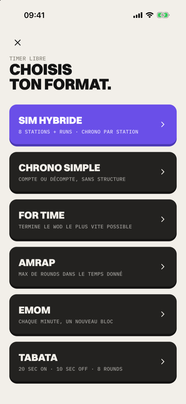 Yskorr free timer screen: “Choisis ton format”, with hybrid sim, simple timer, for time, AMRAP, EMOM and Tabata.