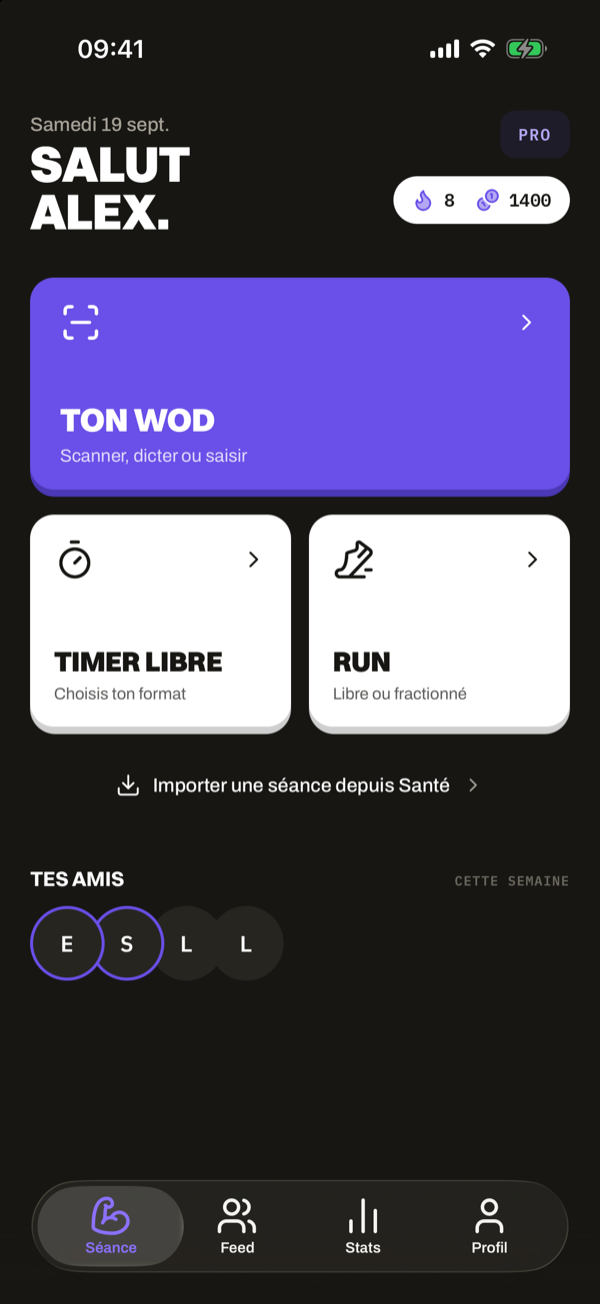 Yskorr home screen in dark mode: “Salut Alex.”, the Ton WOD card (scan, dictate or type), free timer and Run.