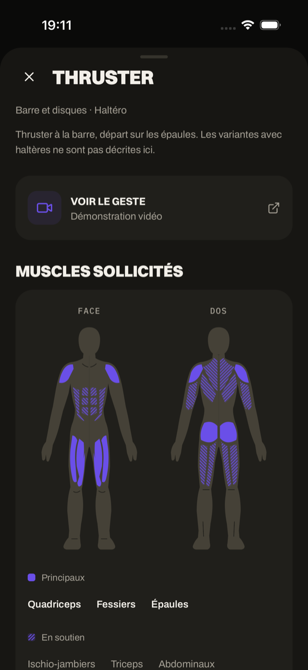Thruster movement sheet: video demo and muscles worked, front and back.