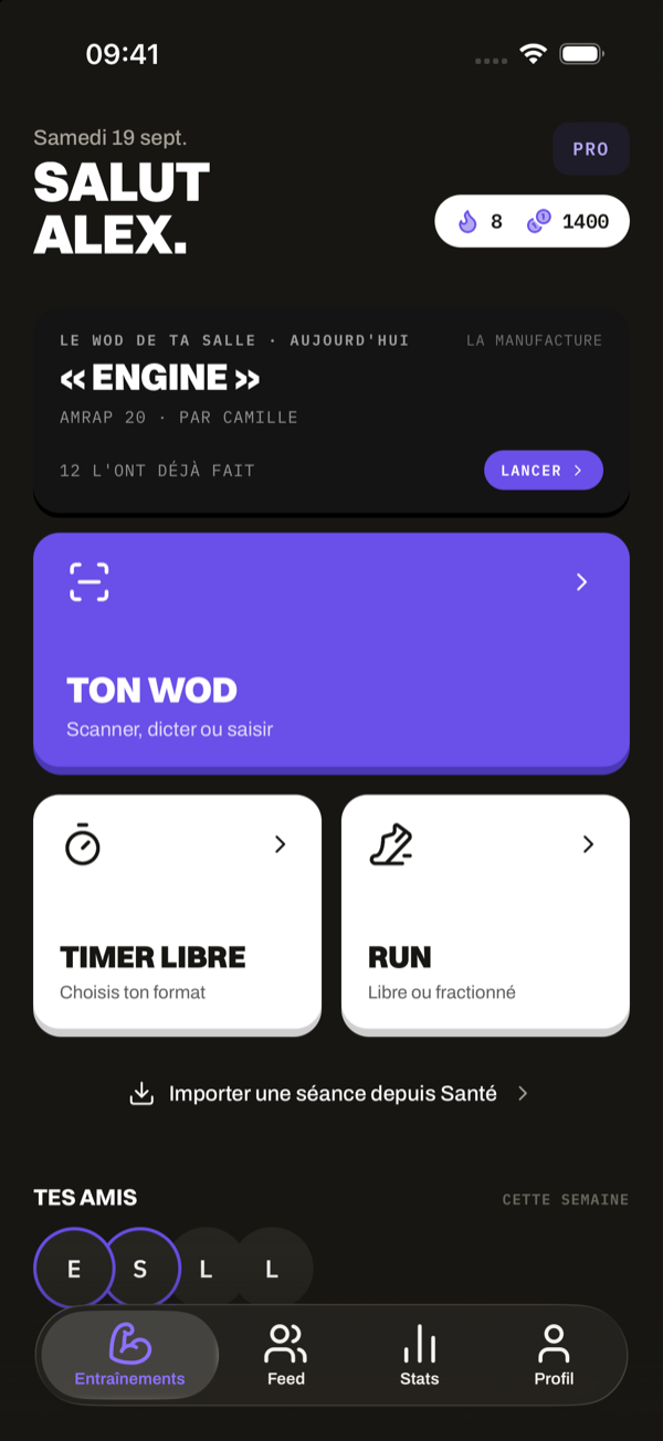 Gym member home screen: today's gym WOD, ready to start, above the Ton WOD, free timer and Run entries.